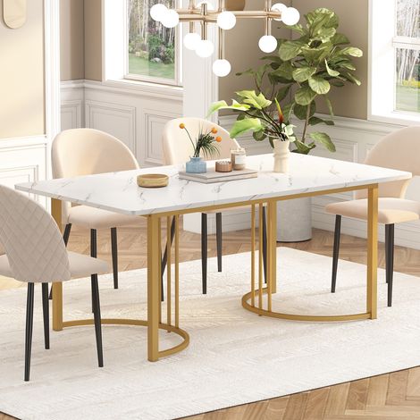Tavolo da pranzo rettangolare 140 cm, con piano effetto marmo, cornice in metallo, stile scandinavo, scrivania in legno - Bianco
