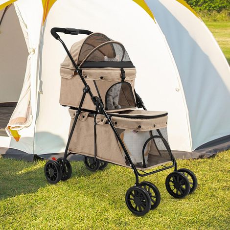 Poussette pliable à 2 couches pour chiens et chats - Avec fenêtre en filet, frein et sac de rangement - Cadre solide en acier au carbone - Kaki (1/5)
