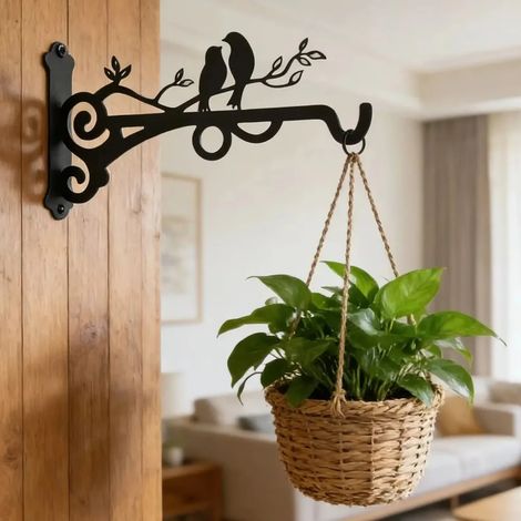 (1 pièce noire) Crochet mural en métal avec motif oiseau, support pour pot de fleurs, fixation pratique pour jardin, balcon, intérieur et extérieur. Crochet décoratif pour plantes en pot. (1/5)