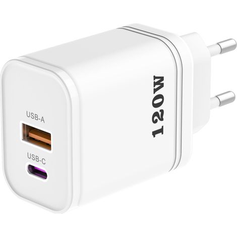 Chargeur mural 120W multi-ports (1 USB-A + 1 USB-C), prise EU blanche, adaptateur rapide pour smartphones (1/5)