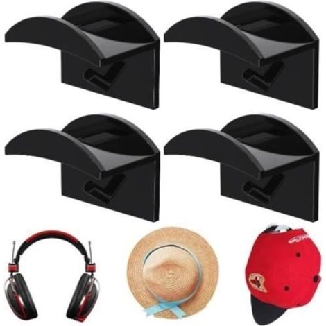(Black) Headphone and Controller Holder - Black - Set of 4 Black Hat Hooks - Plastic (1/4)