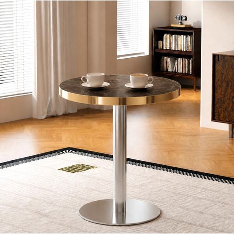 Mesa auxiliar redonda de MDF y acero inoxidable dorado, tablero efecto mármol gris Ø 60 cm DESVIAE (1/5)