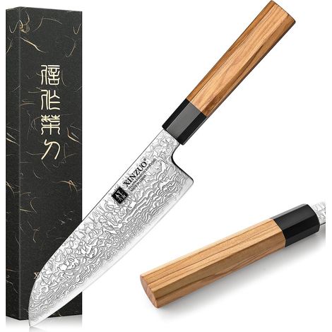18,5cm Couteau Santoku, 67 Couches en Acier Damas Couteau de Cuisine Multifonctions Couteau de Chef Professionnel Couteau Damas -Poignée Octogonal en Bois d'Olivier Fabriqué à la Main, XZ-PM8 (1/5)