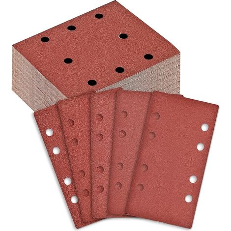 100 Feuilles Abrasives Papier de Verre 93x185 mm - Grain 40/60/80/120/240-8 Trous pour Ponceuse Vibrante/Orbitale - Lot pour Ponçage Bois, Métal, Peinture