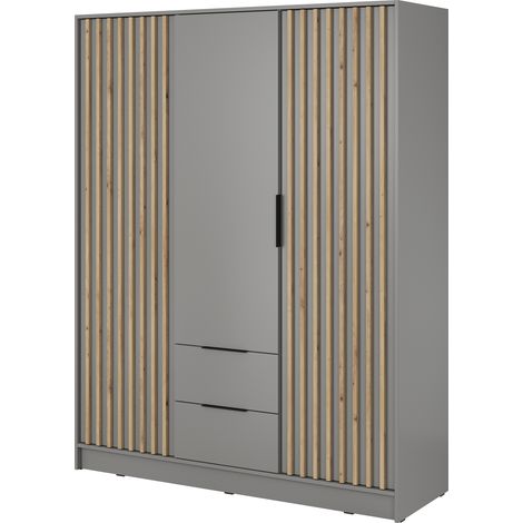 Kleiderschrank 150 cm Fioro - Schrank vom Hersteller, Schlafzimmerschrank - Drehtürenschrank mit Lamellen, 3 Tür (Grau)