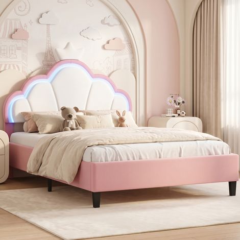 Lit enfant 140x190 cm avec LED,tête forme de couronne,Lit Princesse,cadre de lit fille 140x190 cm,Lit double rembourré ,rose,velours (1/5)