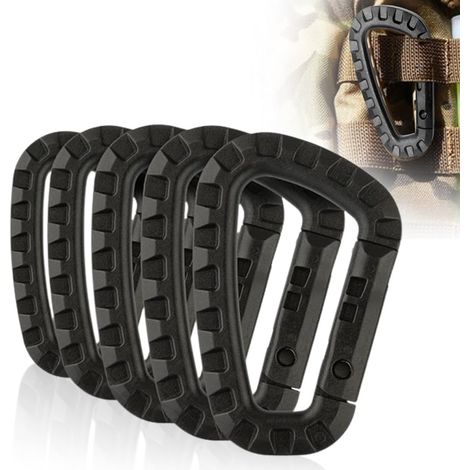 Lot de 5 Mousquetons en Plastique,Mousqueton Tactique Militaire Durable Forme en D Multifonctionnelle Sac à Dos(Noir) (1/5)