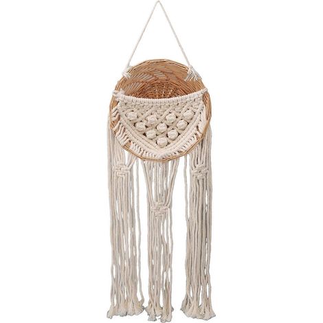 Geflochtener Rattan-Pflanzkübel, Wandkorb mit Baumwollseilquasten, dekorativer Makramee-Wandbehang fürs Schlafzimmer, Wandkunst im Bohème-Stil, trendige Wohndekoration, elegantes Hänge-Set. (1/5)
