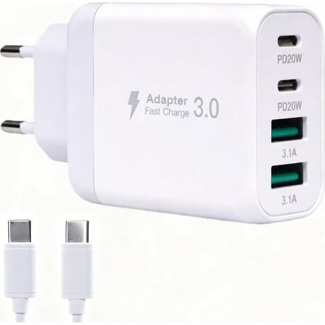 Chargeur USB C Rapide Compact Chargeur iPhone 4 Ports 2xUSB-C 2xUSB-A avec Câble USB C Prise Secteur Multiprise Adaptateur Voyage pour iPhone 17 16 15 14 13 12 Pro Max Plus Mini iPad Samsung Galaxy (1/5)
