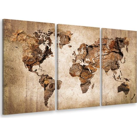 Tableau triptyque carte du monde en bois – Impression UVgel – Toile intissé 90x60 cm – Décoration intérieure élégante – Hxadeco (1/5)