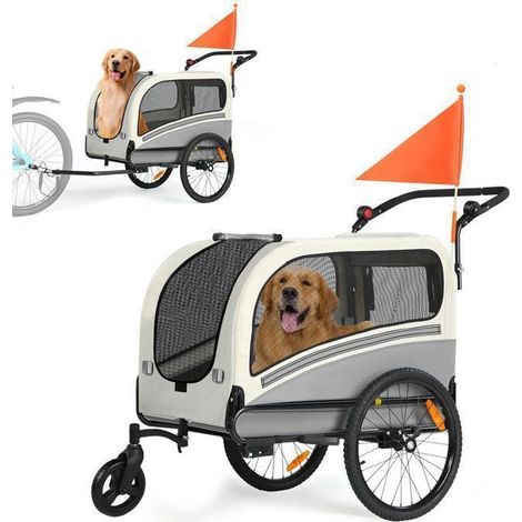 FIXIMASTER Remorque Vélo et Poussette Jogging pour Chien 2 en 1 (Taille XXL), Pliable avec Toit Ouvrant, Poignée Réglable et Transport Sécurisé - Gris Foncé