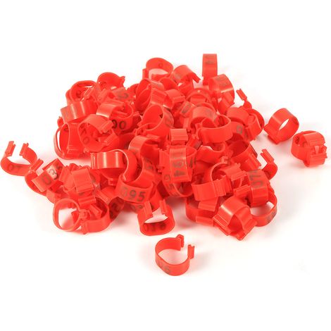 100 pièces/sac 16MM 001-100 numéros en plastique volaille poulets canards pattes d'oie bandes anneaux (rouge)