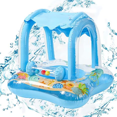 Baby Kid Summer Inflatable Pool Seat Boat Type Cartoon Bell with Sun Shade Canopy Swimming Ring Float Floating Pool Toy for Baby 6 -36 Months (Blue)