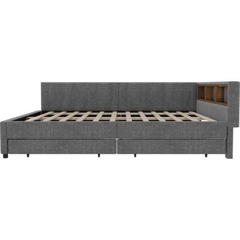 Cama nido 140 x 200 cm de lino gris con LED, USB-C, 2 cajones y somier (1/5)