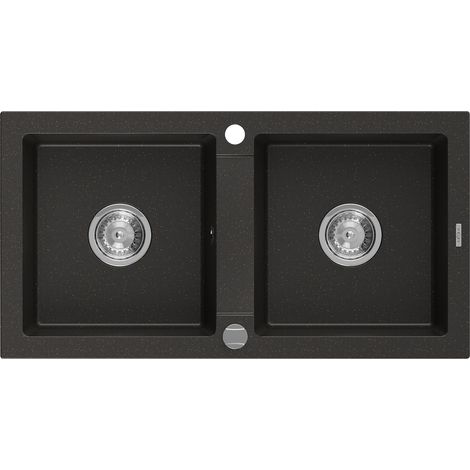 Mexen Mario évier en granit à 2 cuves 820 x 436 mm, Noir/Or métallique - 6504822000-75 (1/5)