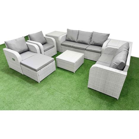 Fimous PE Rattan Garden Furniture Set Adjustable Chair Sofa Double Love Seat 2 Seater Sofa Lounge Set Square Coffee Table Big Footstool 2 Side Table Light Grey (1/5)