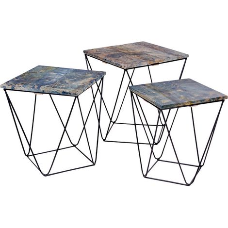 ERLING - Lot de 3 Tables Basses Acier et Effet Marbre Bleu (1/5)