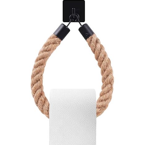 Porte-Papier Toilette - Sans Perçage - Crochet Adhésif Métal Noir Mat - Corde Chanvre Naturelle - Salle De Bain Vintage - 1 Pièce (1/5)