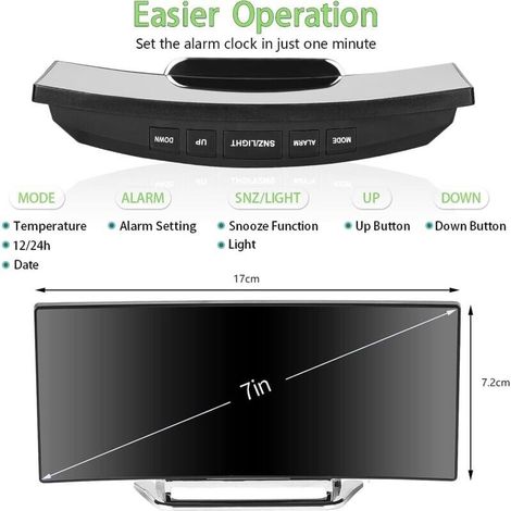 Sveglia digitale per camera da letto, schermo a specchio LED da 7", 2 livelli di luminosità, visualizzazione dell'ora in formato 12/24 ore, temperatura, data, luce notturna, funzione snooze, alimentaz (1/4)