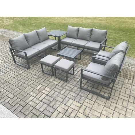 Fimous Aluminium Patio Outdoor Garden Furniture Lounge Sofa Set with Square Coffee Table 2 Chairs Side Table 2 Small Footstool Dark Grey (1/5)