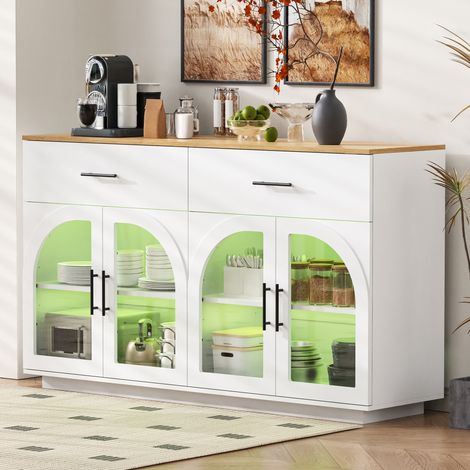 Buffet de cuisine avec bande lumineuse LED et plan de travail, meuble de cuisine avec 2 tiroirs et 4 portes, avec étagères intérieures pour la vaisselle et les ustensiles, 147 × 40 × 86 cm (blanc) (1/5)