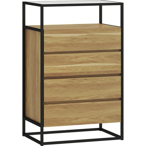 Cassettiera 60x40x94,5 cm con 4 cassetti e Ripiano aperto in MDF Acciaio e Vetro Color Legno (1/5)