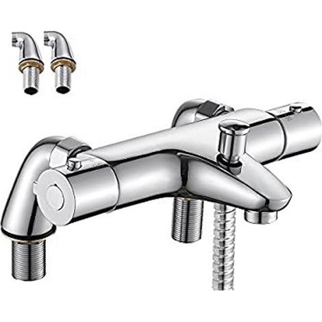1 Mitigeur thermostatique, laiton, finition chromée, valve anti-brûlure 38°C, filetage G 3/4, pour baignoire (1/5)