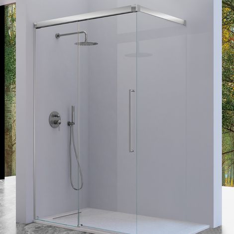 KASSANDRA PAVÍA Mampara Walking Frente Ducha Fijo + Puerta Corredera con Tirante Plata Brillo Transparente - Medida: 126-130 cm - ref: AI1081616S200126