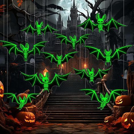 Décoration Halloween, 10 Pièces Halloween Chauve Souris Lumineux, Chauves-Souris Fluorescente Suspendues d'halloween en PVC Étanche pour Deco d'halloween Interieur Exterieur (1/5)