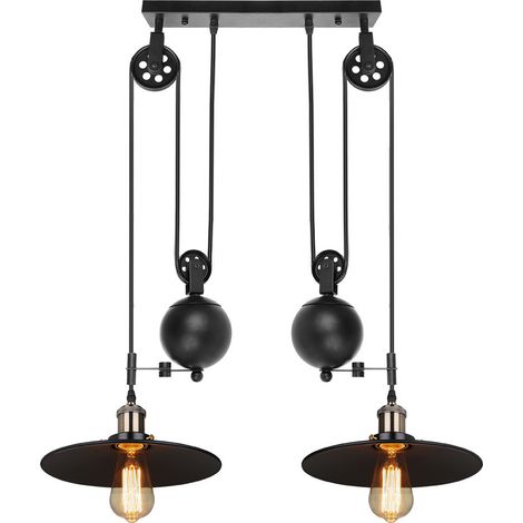 Creative Pendant Light Vintage Industrial Hanging Ceiling Lamp Retro Rise and Fall Chandelier 2 Lights with Metal Dome Lampshade E27 (Black) (1/5)