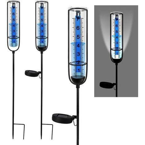 Pluviomètre avec 1 lampe solaire - Pluviomètre d'extérieur - Longueur totale env. 72 cm - Piquet de sol amovible - Grands chiffres lisibles - Convient pour les jardins, pelouses et terrasses - Bleu, n (1/5)
