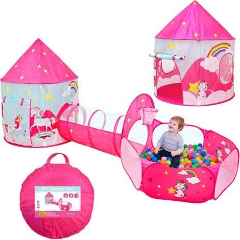3-in-1 Folding Tent with Tunnel Unicorn House for Kids Indoor Outdoor Garden (1/5)