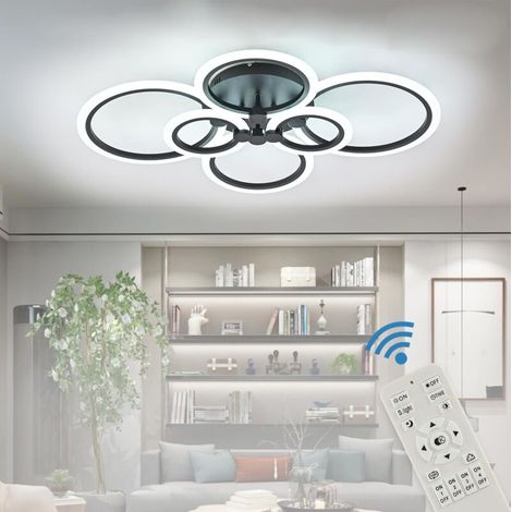 Moderne, dimmbare LED-Deckenleuchte, 6-Ring-Einbauleuchte, Acrylschirm, Fernbedienung, schwarzer LED-Kronleuchter für Zuhause, Büro, Schlafzimmer