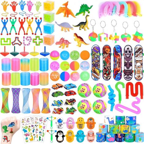 120 piezas de juguetes para fiestas de cumpleaños infantiles para niños y niñas, 20 estilos de coloridos recuerdos de fiesta con esferas de resorte, pelotas, manos adhesivas, aviones, dinosaurios, cub