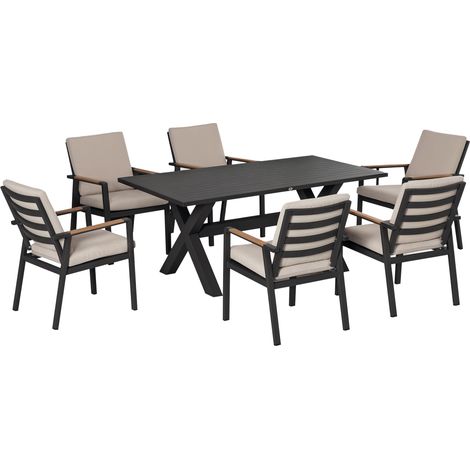 Gartenmöbelset für 6 Personen, 6 Stühle, 1 Tisch, wetterfest, 175 cm x 92 cm x 73 cm, schwarz und grau