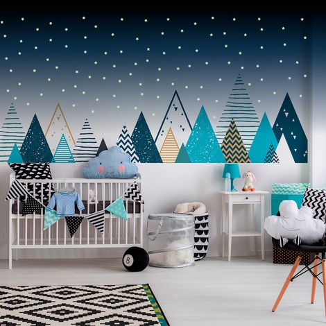 Stickers muraux enfants - Autocollant mural géant enfant montagnes scandinaves MONTAGNES TIPIKA + 100 ÉTOILES PHOSPHORESCENTES - 40x65cm (1/5)