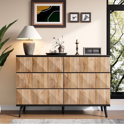 MEUBLIV Sideboard 120 x 40 x 85 cm noir et bois naturel – 6 tiroirs à relief géométrique (1/5)