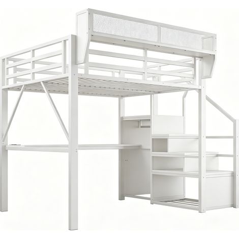 Cama alta 140 x 200 cm de metal blanco con escritorio, escalera, almacenaje y LED (1/5)