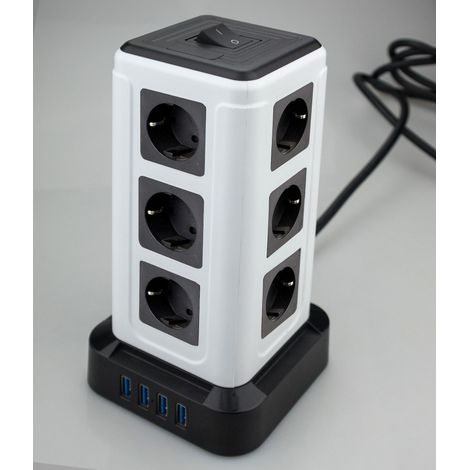 Regleta eléctrica europea tipo torre, 12 tomas de corriente, protección contra sobretensiones de 4000 W, 4 puertos USB-C y cable de alimentación de 3 m, 16 A (1/5)