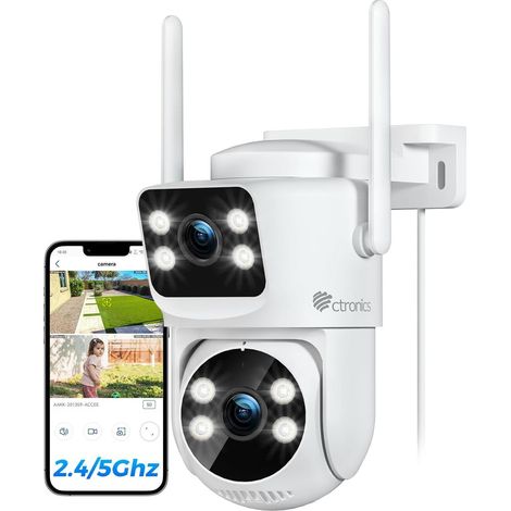 Ctronics Caméra de Surveillance WiFi Extérieure Double Objectif PTZ – Suivi Automatique, Vision Nocturne Couleur 30 m, Enregistrement 24/7, IP66
