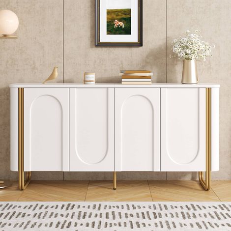 Buffet 160 x 35 x 80,5 cm, enfilade 4 portes push-to-open à reliefs arches et étagères, en MDF, pieds métal, blanc (1/5)