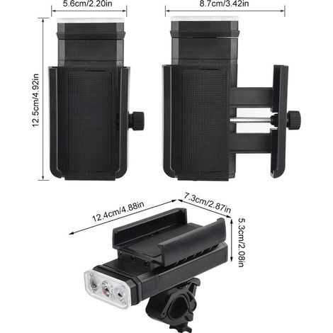 Phare de vélo orientable à 3 LED rechargeables par USB avec indicateur de batterie, support pour téléphone portable et 6 modes d'éclairage pour les sorties nocturnes en extérieur. (1/5)