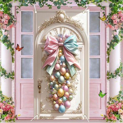 Guirlande De Porte De Pâques - Décor Extérieur Intérieur En Polyester Résistant Aux Intempéries - Motif Œufs Lapins Fleurs Papillons - 90 x 180 cm - 1 Pièce (1/5)