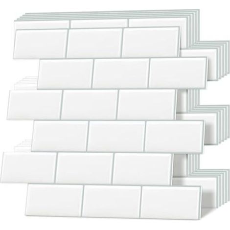 Carreaux adhésifs épais, carreaux muraux auto-adhésifs, crédence de cuisine style métro, blancs, 10 feuilles