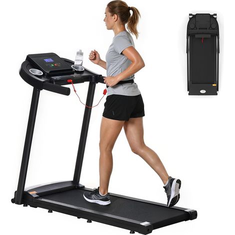 HOMCOM cinta de correr para casa, 1-12 km/h 1,5hp, con 12 programas, ruedas, pantalla led y soporte para móvil, 2 portavasos para hogar y oficina