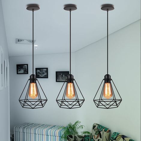 3 Pack Pendant Light Diamond, Industrial Retro Ceiling Lamp Metal,  Chanderlier for Kitchen Island Black