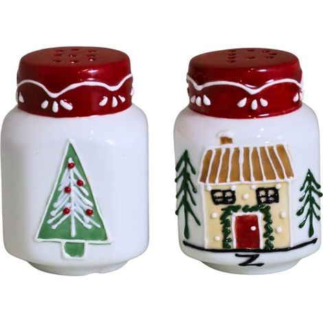 Juego de especias navideño, salero y pimentero, cerámica, Casa del Árbol de Navidad, 6x6x8,1 cm