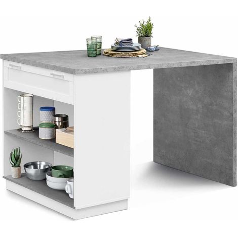 Idmarket – Îlot central mange debout 4 personnes – Longueur 130 cm – Largeur 80 cm – Hauteur 90,5 cm – Plateau épais effet béton – Rangement intégré