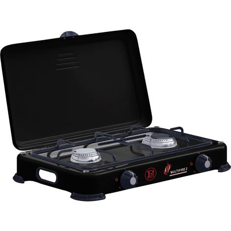 Réchaud à gaz portable 2 feux 3200W Brûleurs Inox - Plaque de cuisson gaz Butane ou Propane Design Noir INTEC