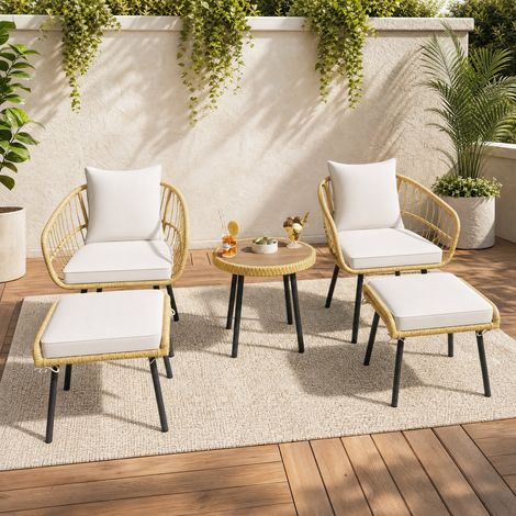 Juego de jardín 5 piezas en ratán blanco natural, con cojines, para terraza – MEUBLIV (1/5)